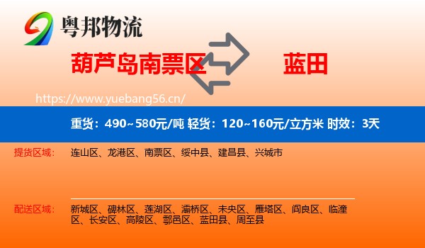 葫芦岛南票区到蓝田县物流专线名片