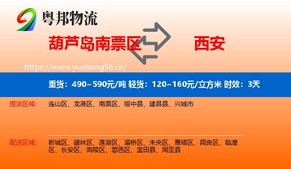 葫芦岛南票区到西安物流专线名片