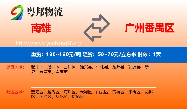 南雄到番禺区物流专线名片