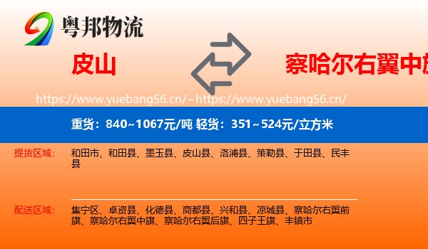 皮山到察哈尔右翼中旗物流