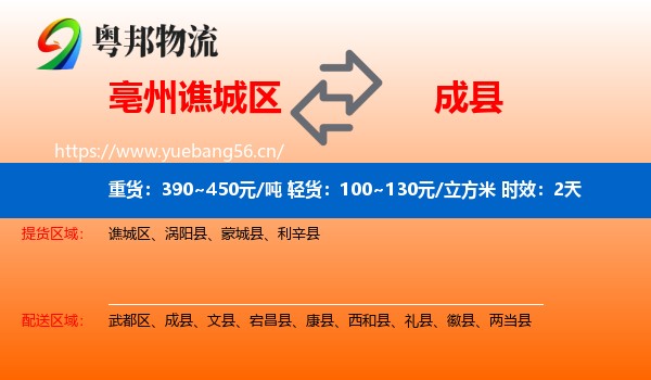 亳州谯城区到成县物流专线名片