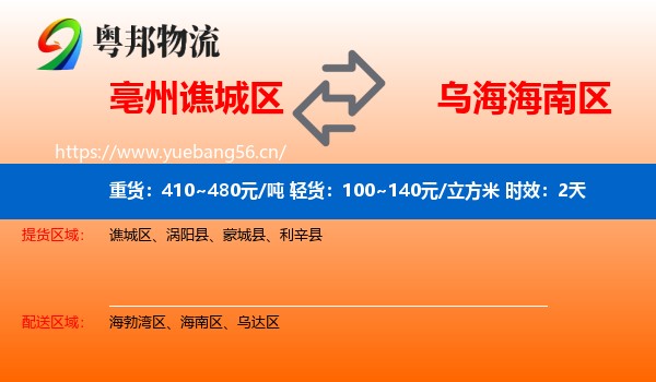亳州谯城区到海南区物流专线名片