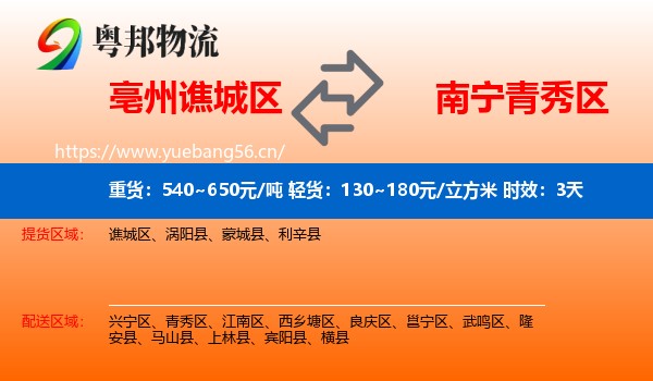 亳州谯城区到青秀区物流专线名片