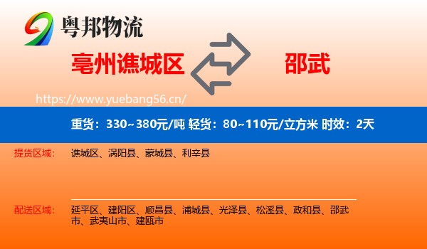 亳州谯城区到邵武市物流专线名片