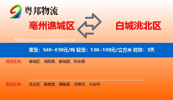 亳州谯城区到洮北区物流专线名片