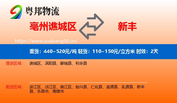 亳州谯城区到新丰县物流专线名片