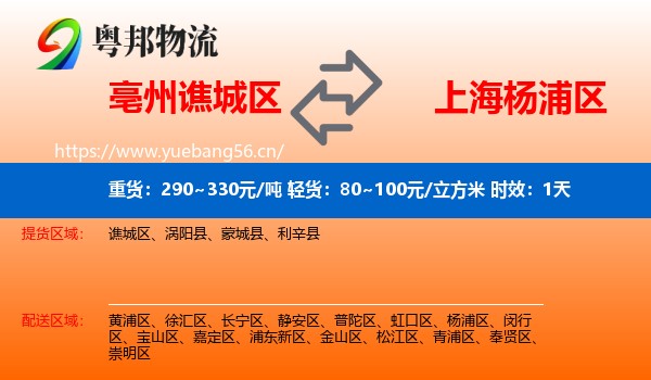 亳州谯城区到杨浦区物流专线名片