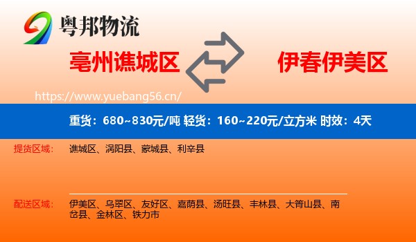亳州谯城区到伊美区物流专线名片
