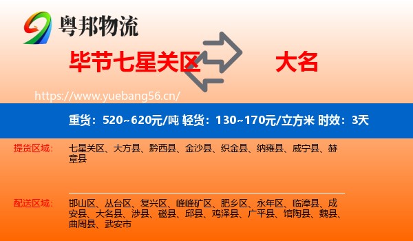 毕节七星关区到大名县物流专线名片