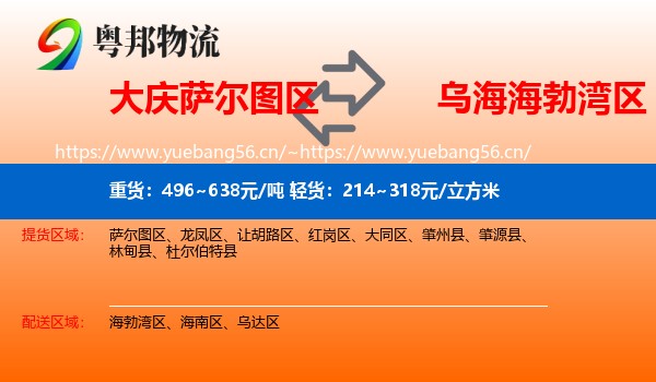 大庆萨尔图区到海勃湾区物流