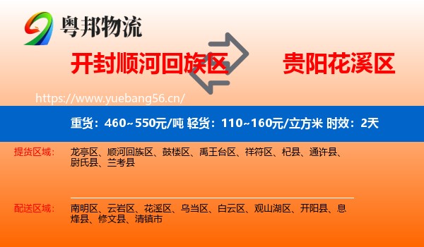 开封顺河回族区到花溪区物流专线名片