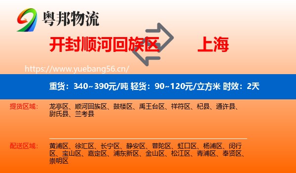 开封顺河回族区到上海物流专线名片