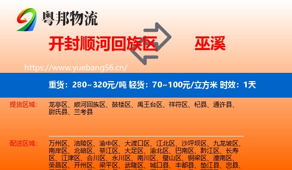 开封顺河回族区到巫溪县物流专线名片