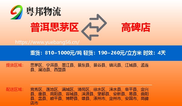 普洱思茅区到高碑店市物流专线名片