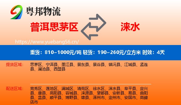 普洱思茅区到涞水县物流专线名片