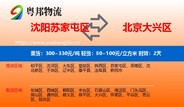 沈阳苏家屯区到大兴区物流专线名片