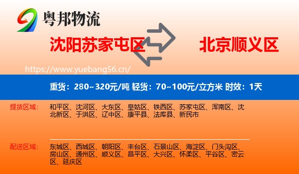 沈阳苏家屯区到顺义区物流专线名片