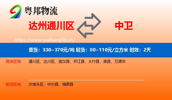 达州通川区到中卫物流专线名片