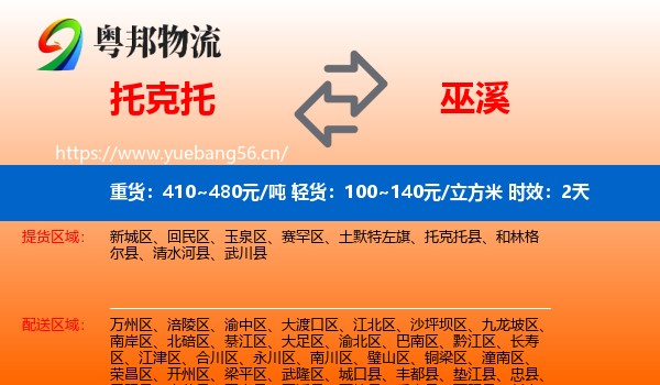 托克托到巫溪县物流专线名片