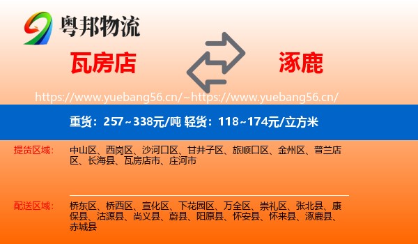 瓦房店到涿鹿县物流