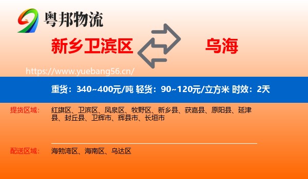 新乡卫滨区到乌海物流专线名片