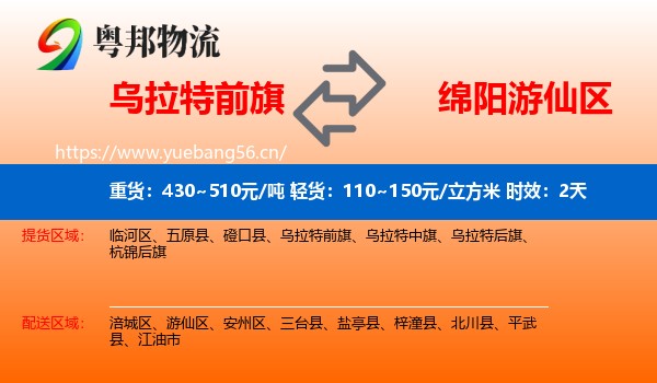 乌拉特前旗到游仙区物流专线名片