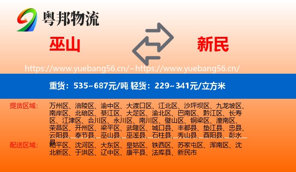巫山到新民市物流