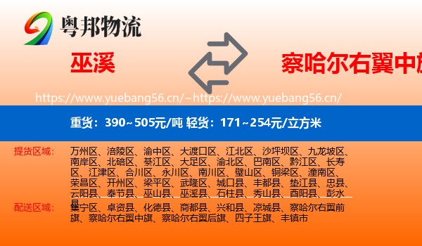 巫溪到察哈尔右翼中旗物流