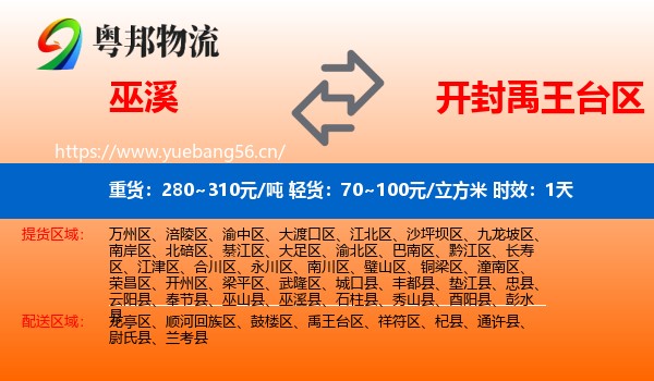 巫溪到禹王台区物流专线名片