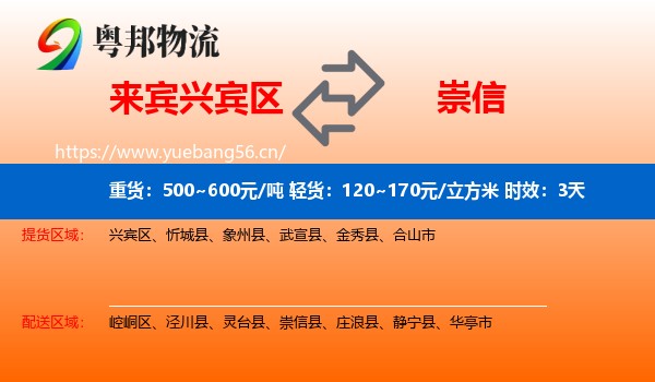 来宾兴宾区到崇信县物流专线名片