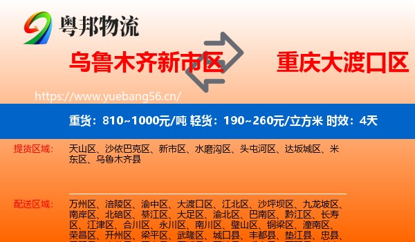 乌鲁木齐新市区到大渡口区物流专线名片