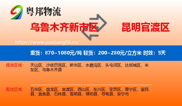 乌鲁木齐新市区到官渡区物流专线名片