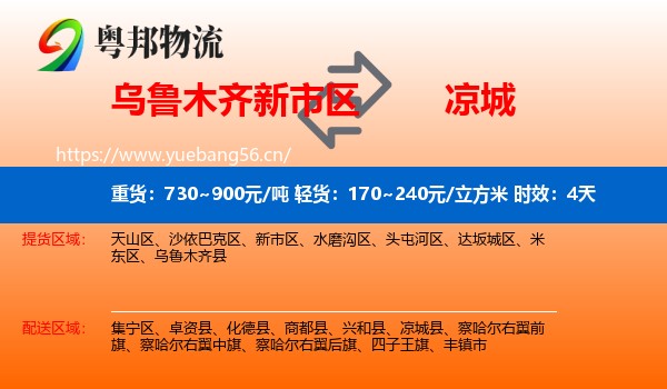 乌鲁木齐新市区到凉城县物流专线名片