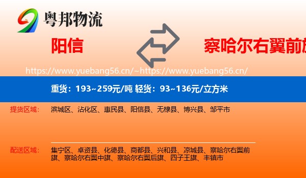 阳信到察哈尔右翼前旗物流