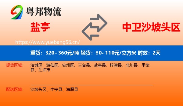 盐亭到沙坡头区物流专线名片