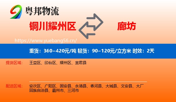 铜川耀州区到廊坊物流专线名片