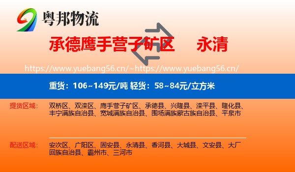 承德鹰手营子矿区到永清县物流