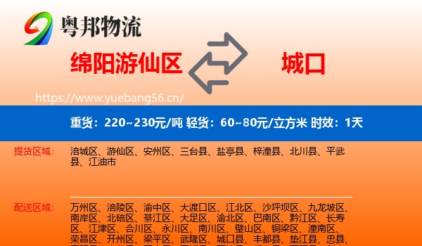 绵阳游仙区到城口县物流专线名片