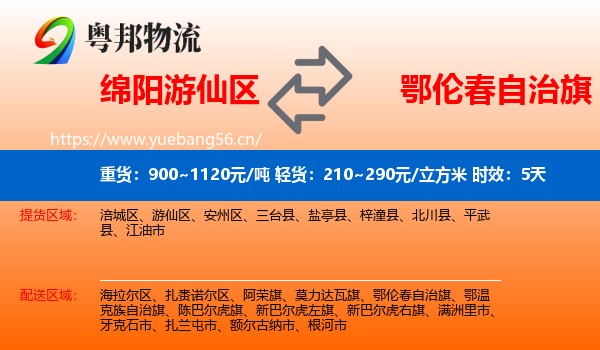 绵阳游仙区到鄂伦春自治旗物流 绵阳游仙区到鄂伦春自治旗物流专线名片
