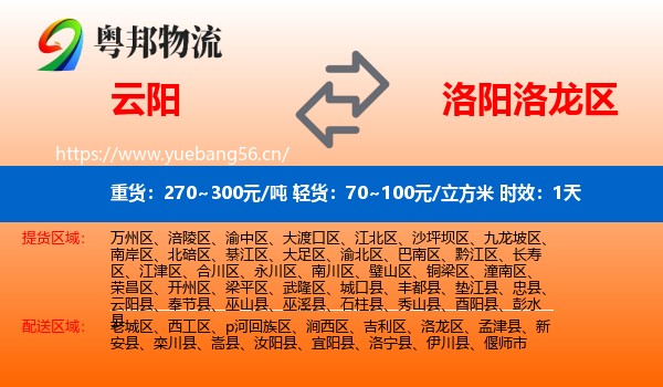 云阳到洛龙区物流专线名片