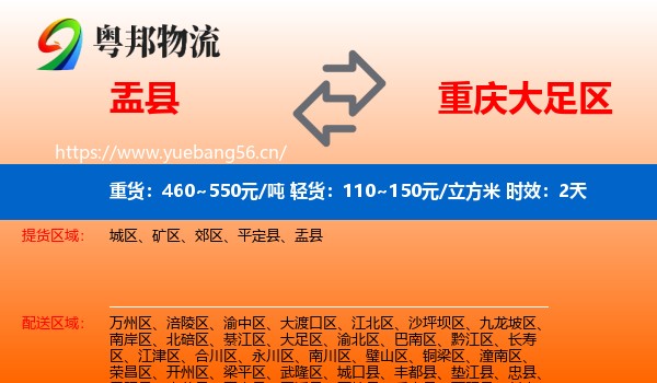 盂县到大足区物流专线名片