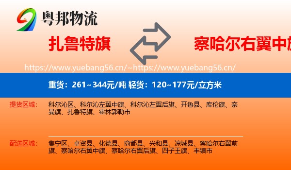 扎鲁特旗到察哈尔右翼中旗物流