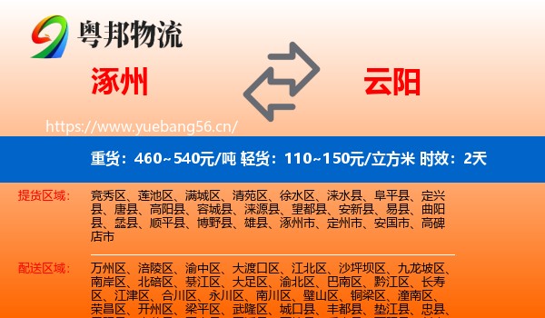 涿州到云阳县物流专线名片