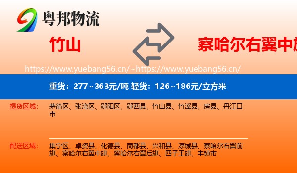 竹山到察哈尔右翼中旗物流