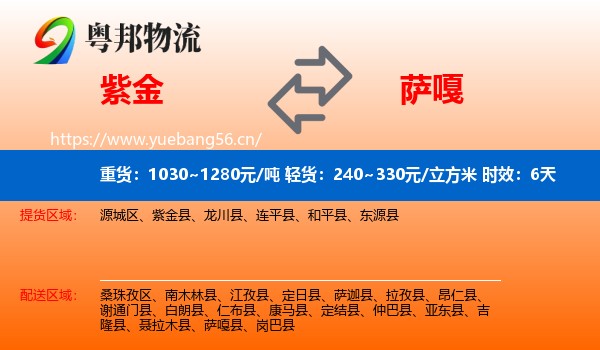 紫金到萨嘎县物流专线名片